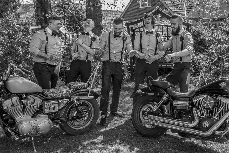 Groom, best man and ushers with the bikes from Satan Slaves North Yorks Chapter